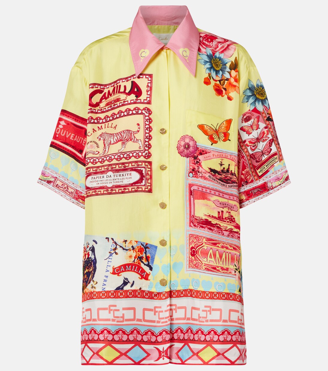 Collage Kingdom silk bowling shirt | Camilla