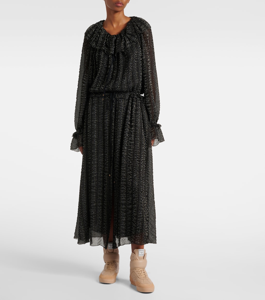 فستان سهرة من الحرير المخلوط بكشكشة | Chloé
