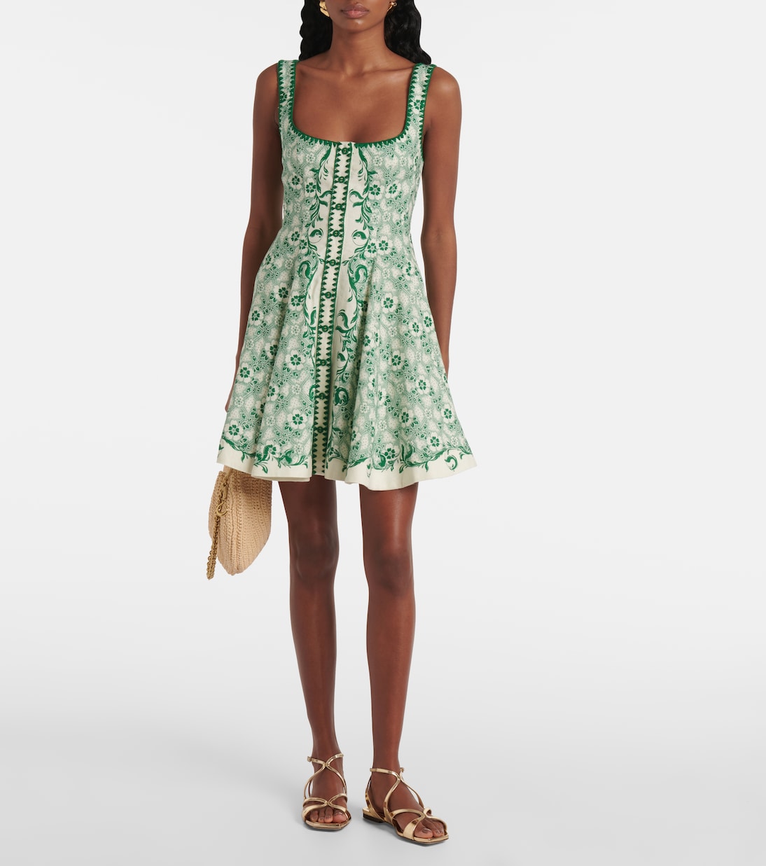 Olive printed linen and cotton minidress | Alémais