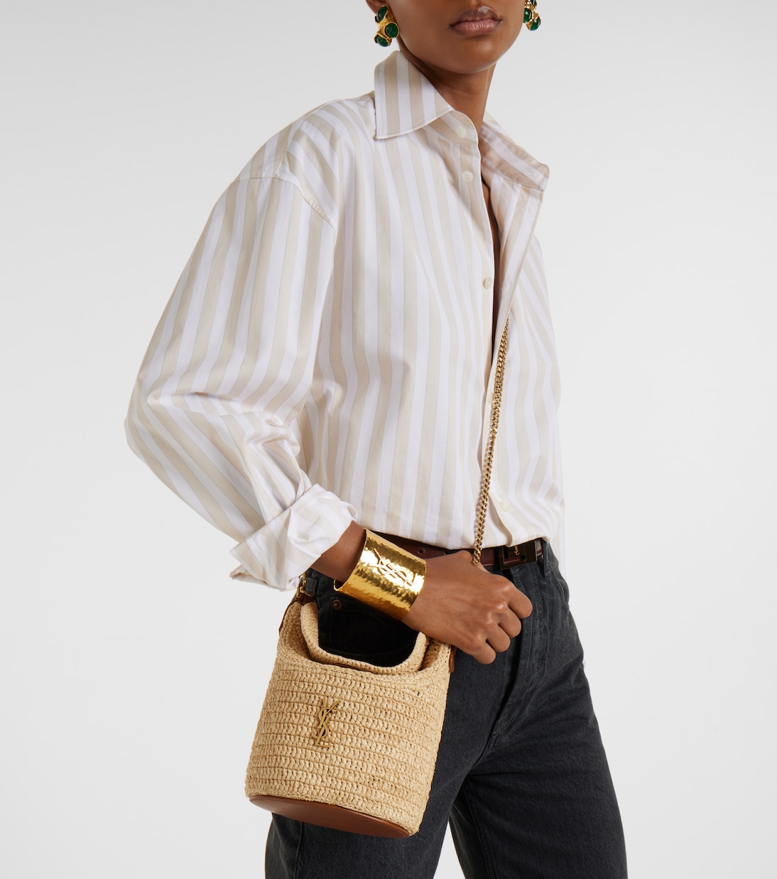 Gaby leather-trimmed raffia bucket bag | Saint Laurent