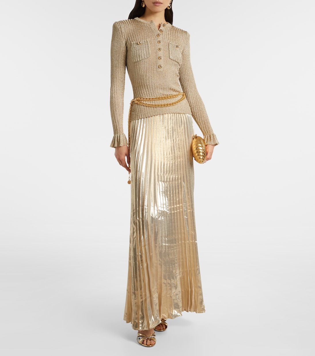 Verziertes Maxikleid aus Rippstrick und Lamé | Self-Portrait