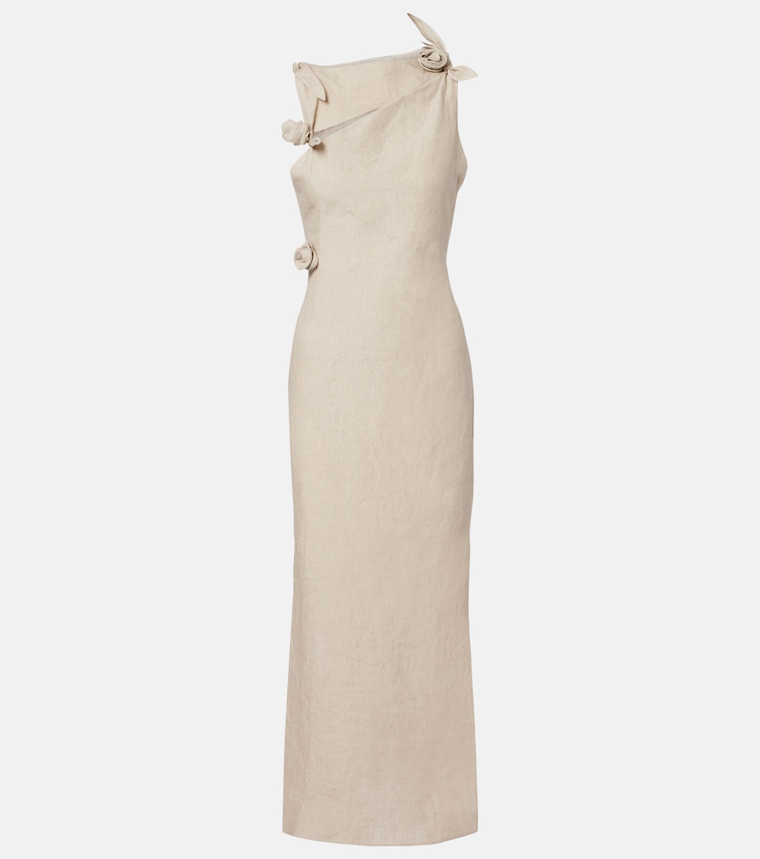 Floral-appliqué asymmetric linen maxi dress | Coperni