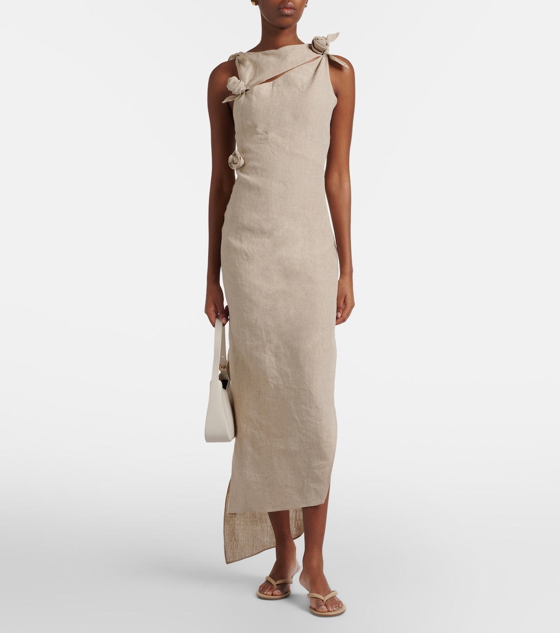 Floral-appliqué asymmetric linen maxi dress | Coperni