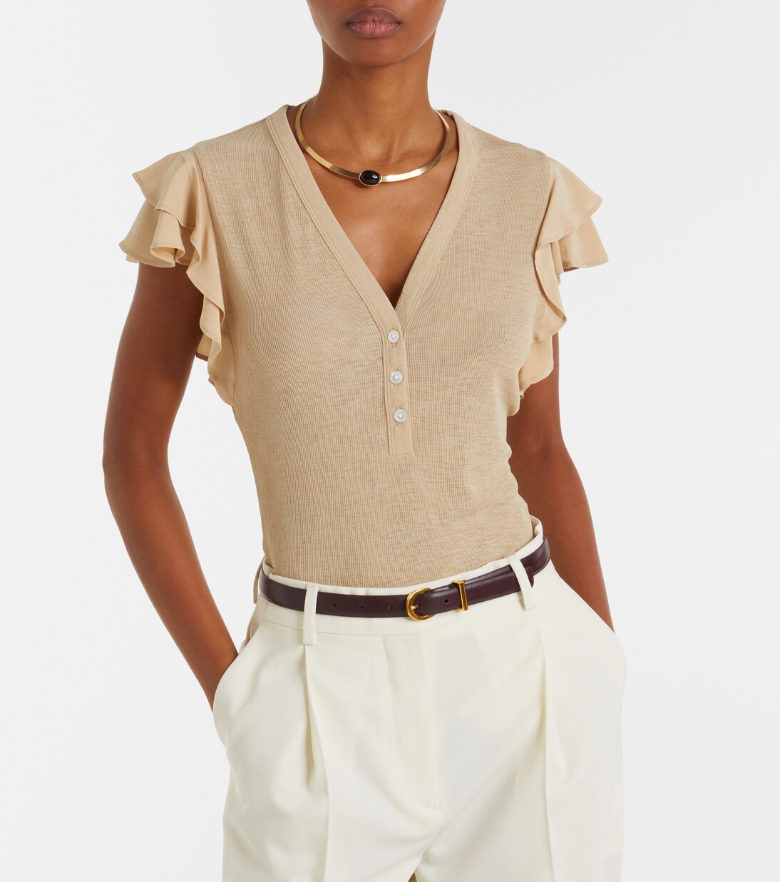 Aphrodite ribbed-knit ruffled top | Veronica Beard