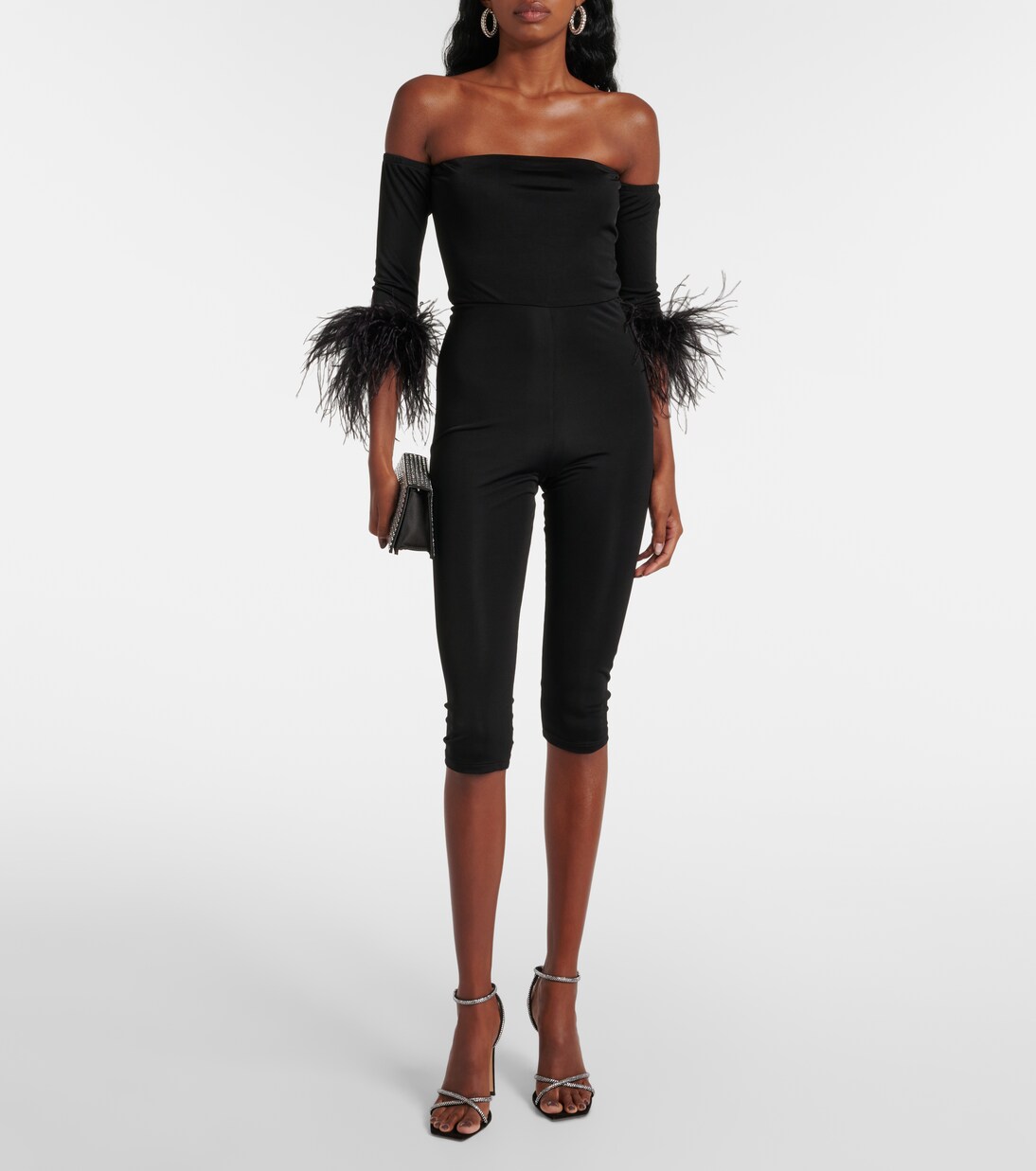 Feather-trimmed off-shoulder jumpsuit | The New Arrivals Ilkyaz Ozel