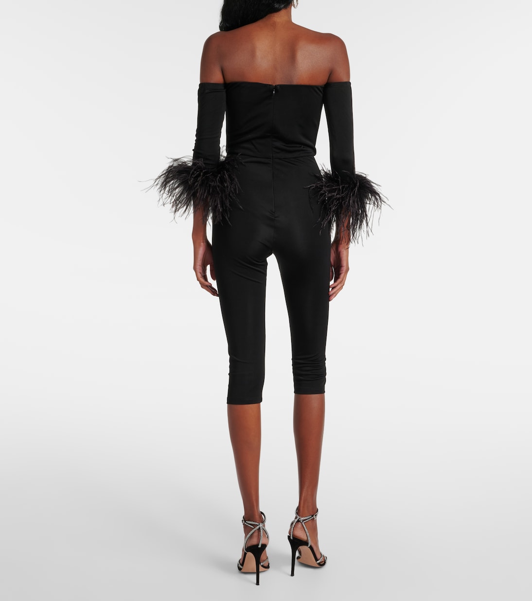 Feather-trimmed off-shoulder jumpsuit | The New Arrivals Ilkyaz Ozel