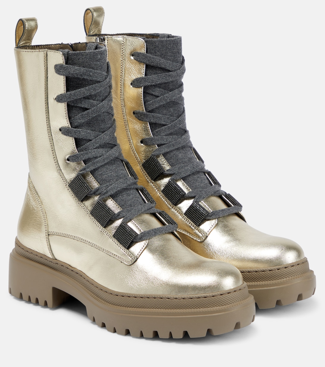 Metallic leather lace-up boots | Brunello Cucinelli