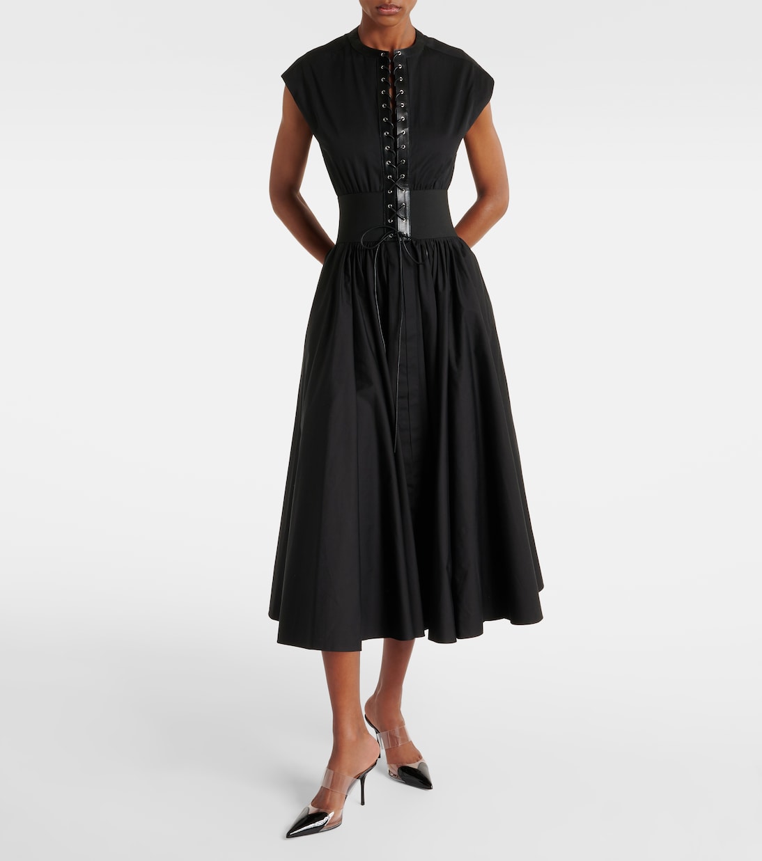 Maxikleid aus Baumwolle mit Leder | Alaïa