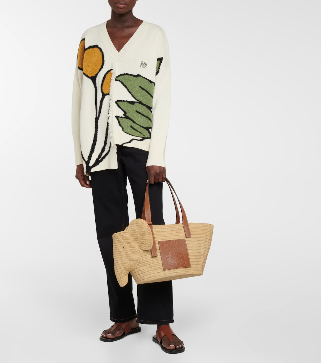 Tote Bag Elephant aus Raffiabast mit Leder | Loewe