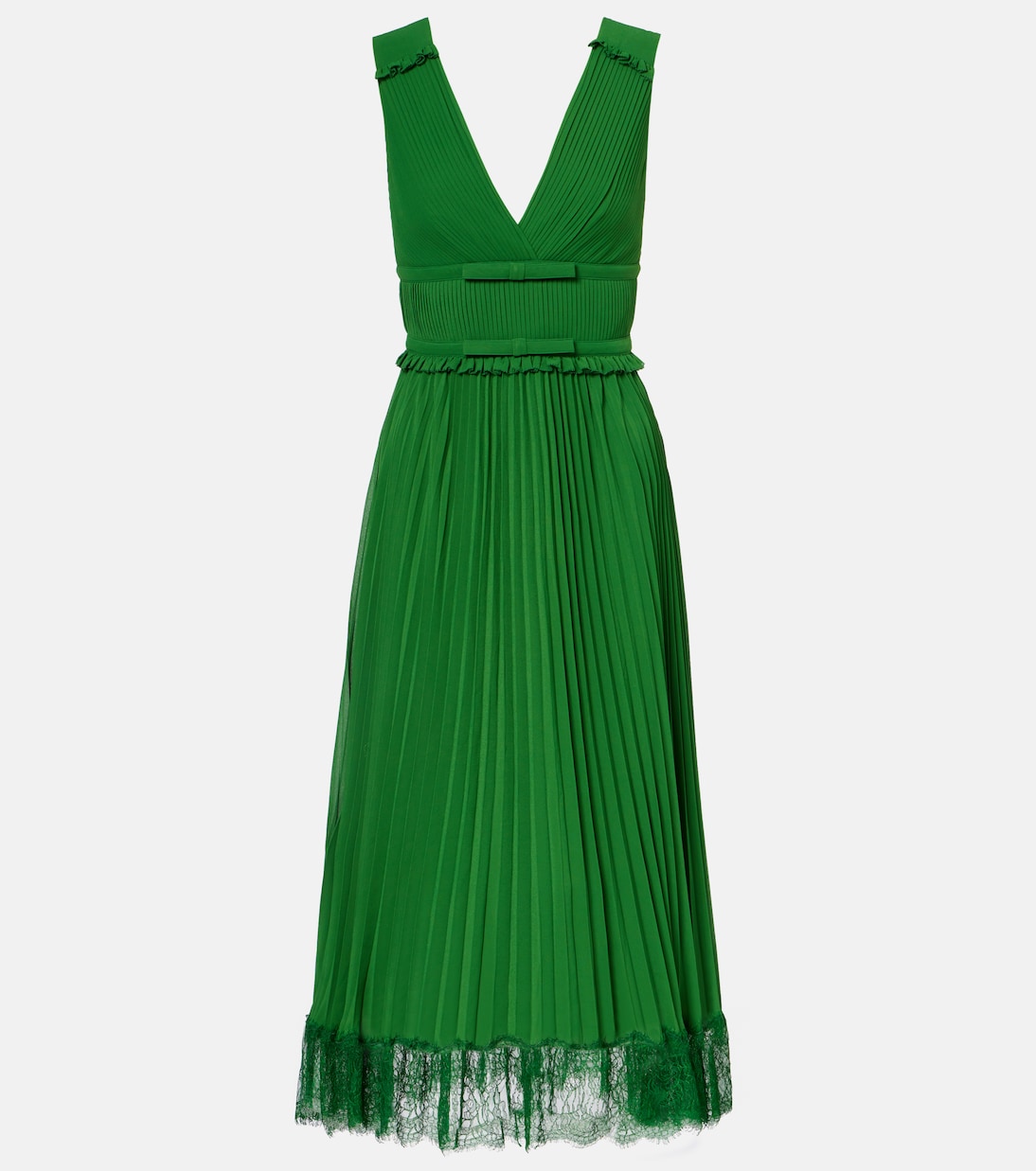 Lace-trimmed plissé chiffon midi dress | Self-Portrait