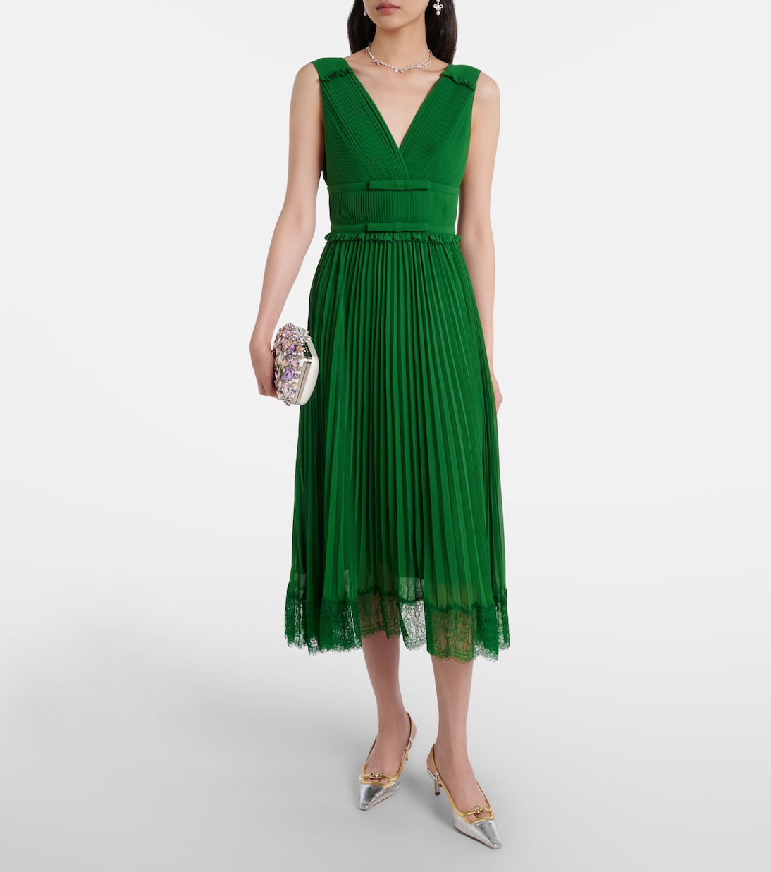 Lace-trimmed plissé chiffon midi dress | Self-Portrait