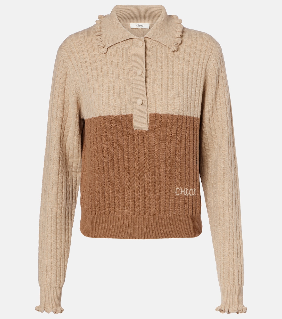 Cable-knit ruffled wool and cashmere polo sweater | Chloé