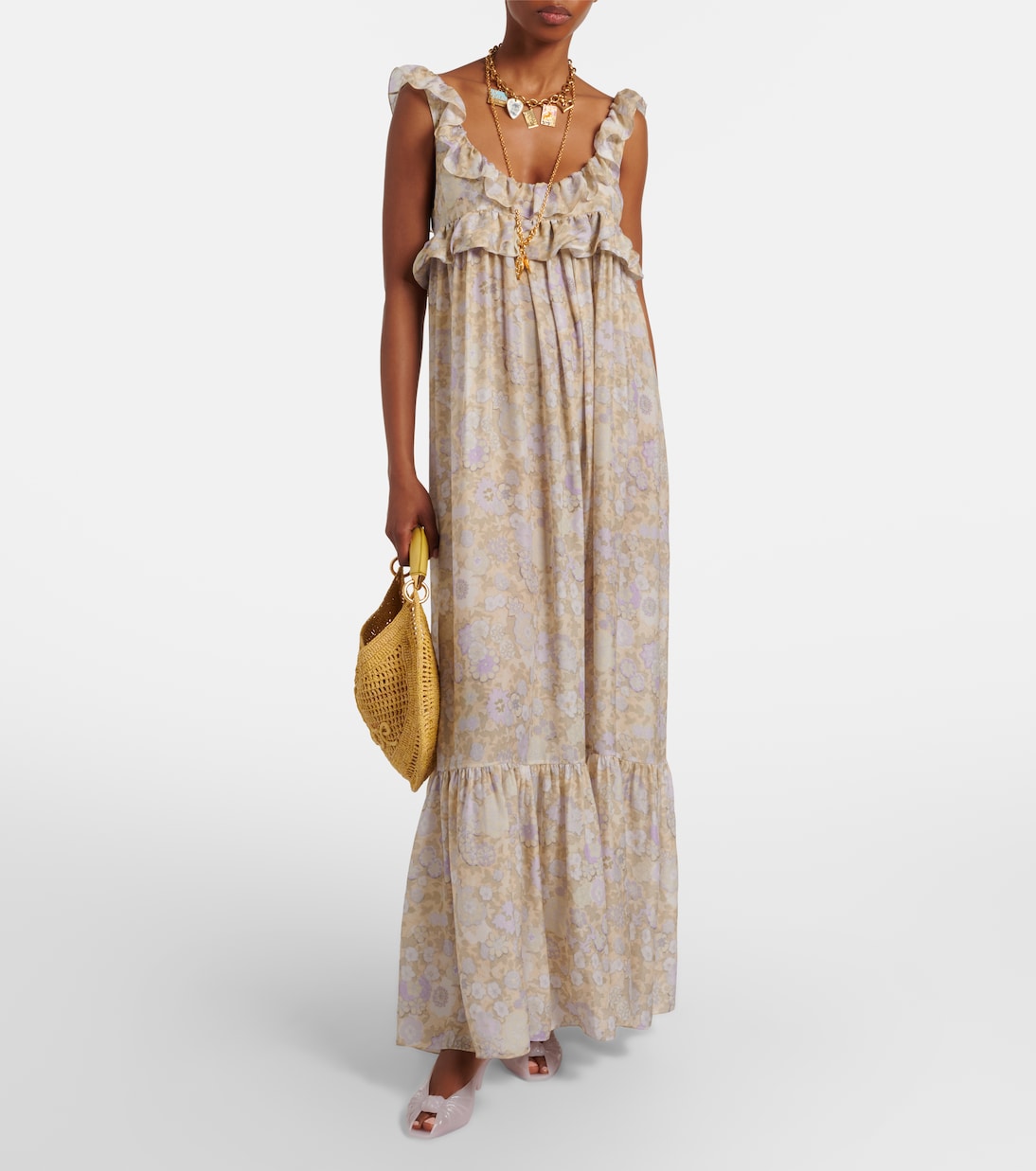 Floral ruffled silk charmeuse maxi dress | Chloé