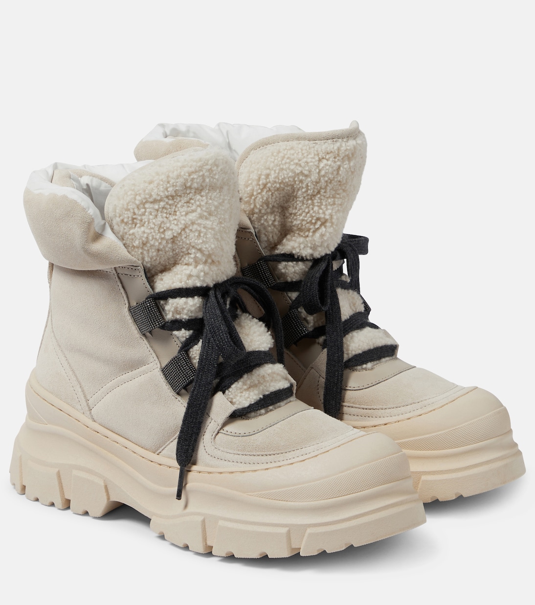 Schnürstiefel aus Veloursleder mit Shearling | Brunello Cucinelli