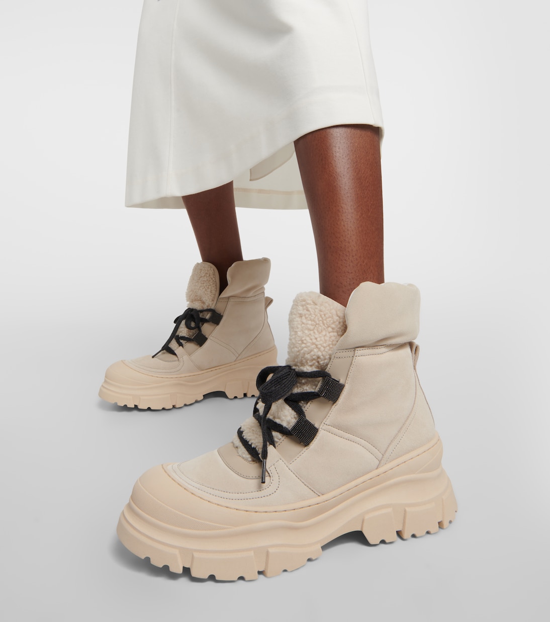 Schnürstiefel aus Veloursleder mit Shearling | Brunello Cucinelli