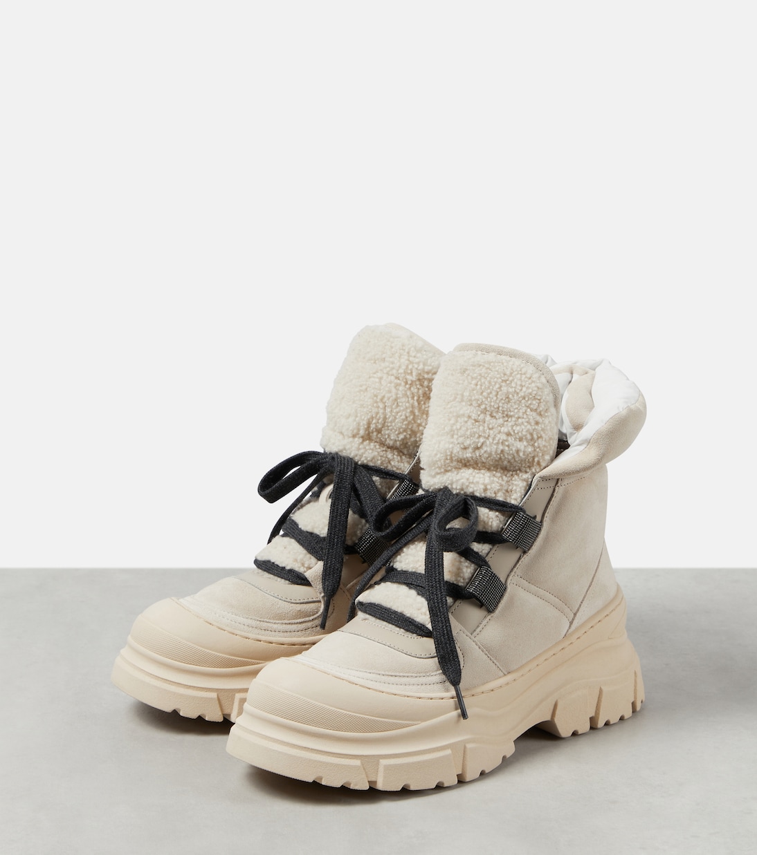 Schnürstiefel aus Veloursleder mit Shearling | Brunello Cucinelli