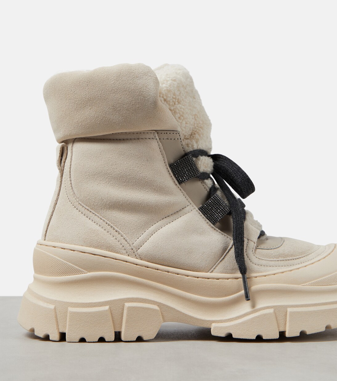 Schnürstiefel aus Veloursleder mit Shearling | Brunello Cucinelli