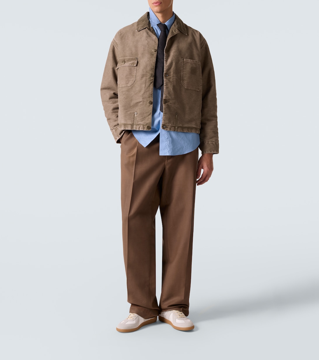 Corduroy-trimmed distressed denim jacket | Maison Margiela