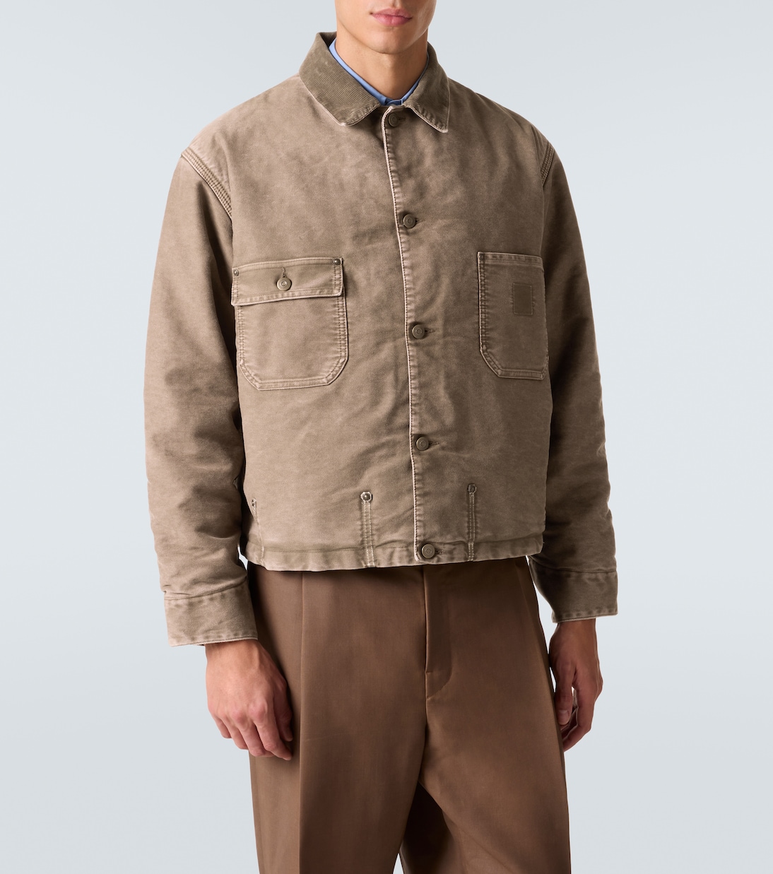 Corduroy-trimmed distressed denim jacket | Maison Margiela