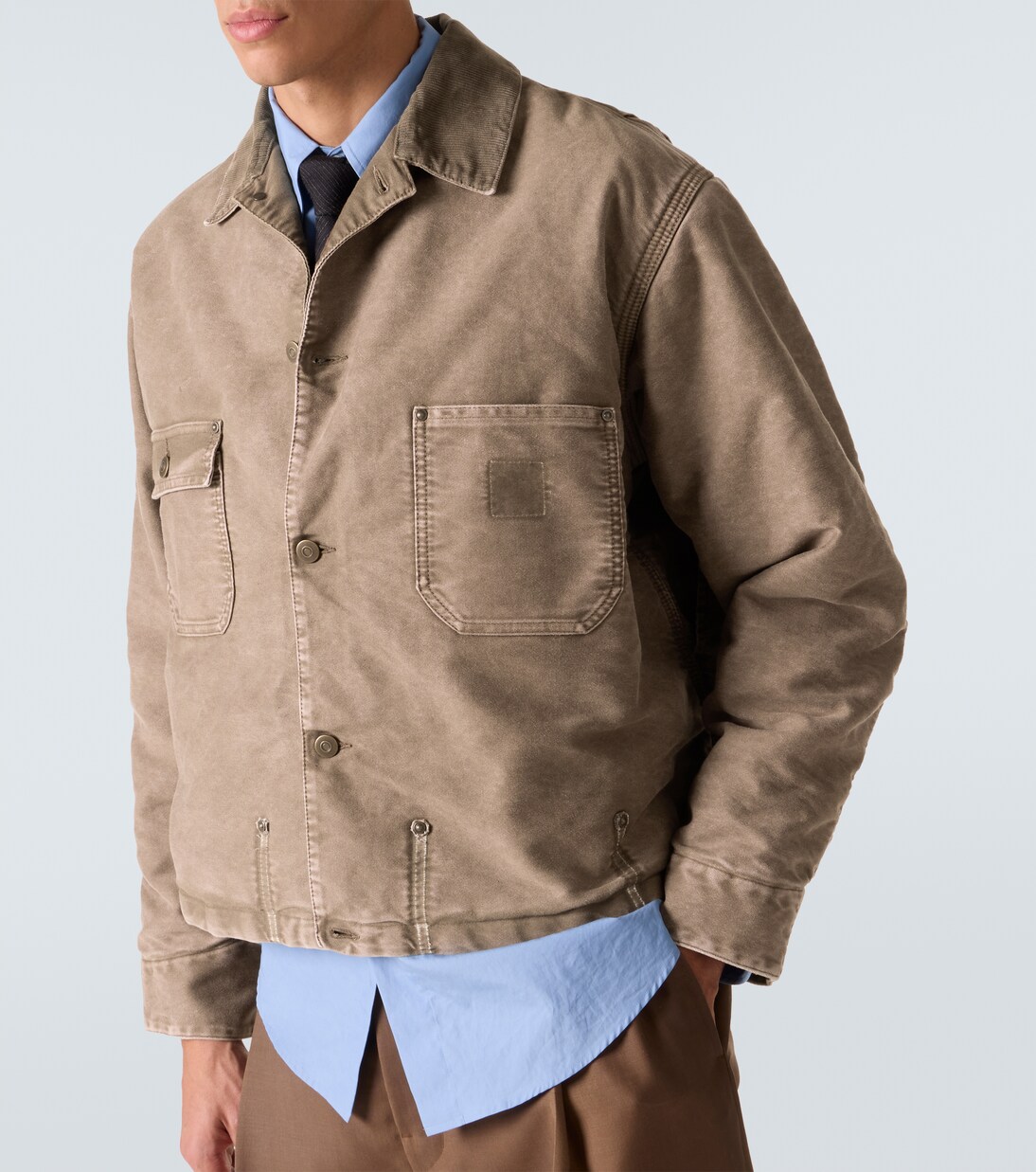 Corduroy-trimmed distressed denim jacket | Maison Margiela