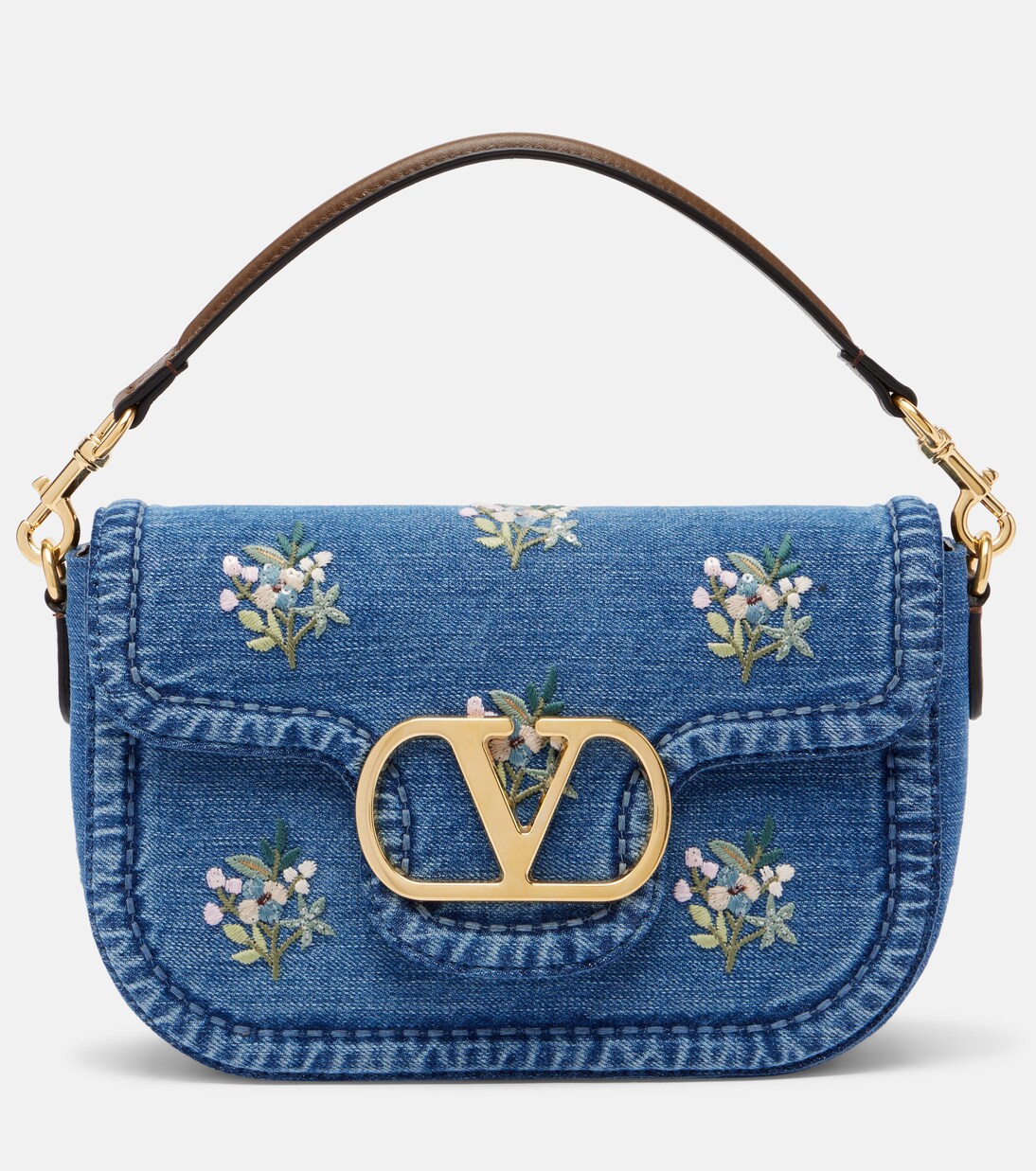 Bestickte Schultertasche Alltime Medium aus Denim | Valentino Garavani