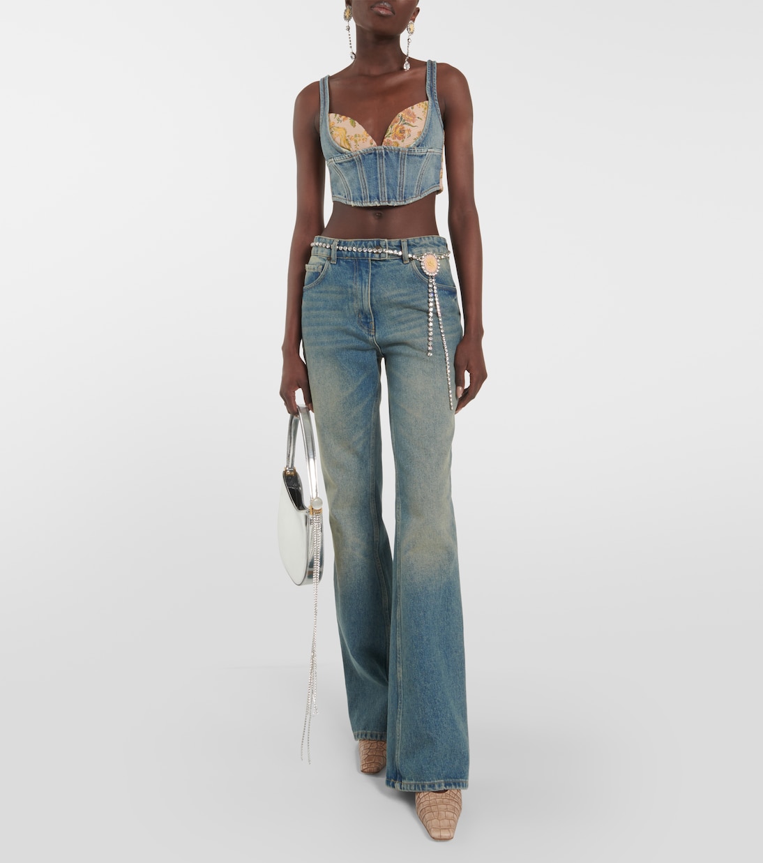 Floral cropped denim bustier top | Alessandra Rich