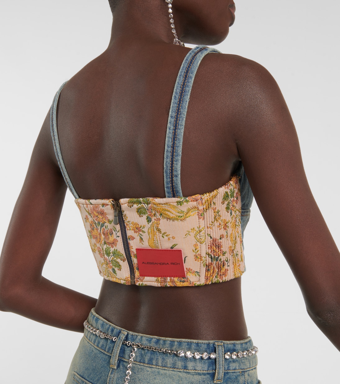 Floral cropped denim bustier top | Alessandra Rich