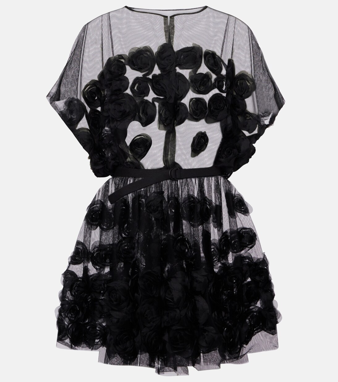Floral-appliqué belted tulle minidress | Norma Kamali