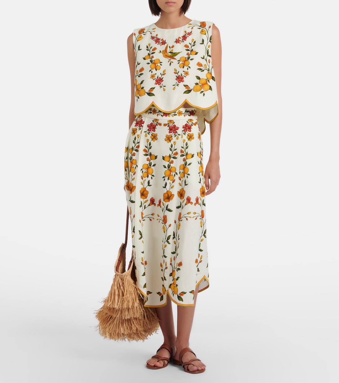 Lemon Bouquet linen-blend midi skirt | Farm Rio
