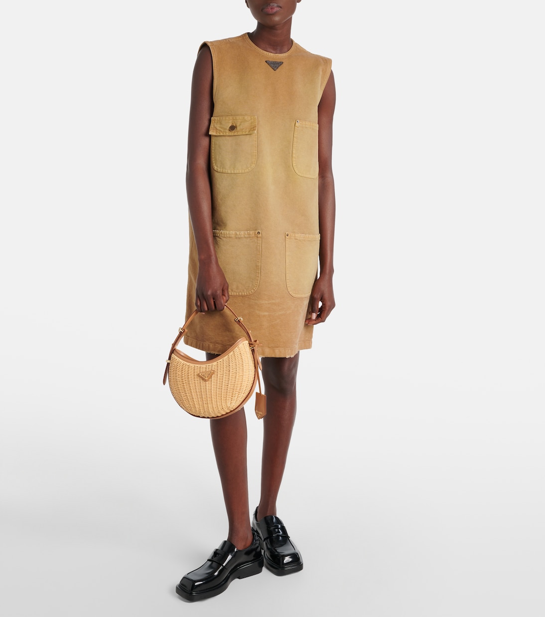 Arqué woven leather-trimmed shoulder bag | Prada