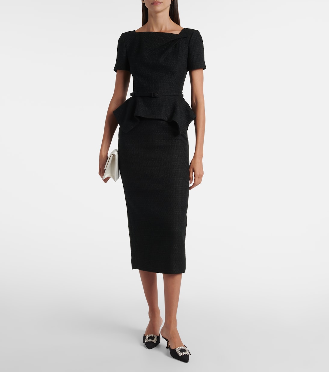 Belted peplum bouclé midi dress | Roland Mouret