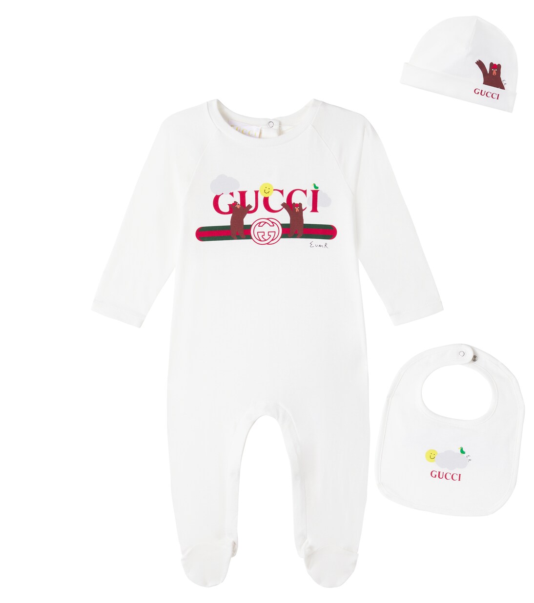 x Euan Roberts Baby cotton beanie, bib, and onesie set | Gucci Kids