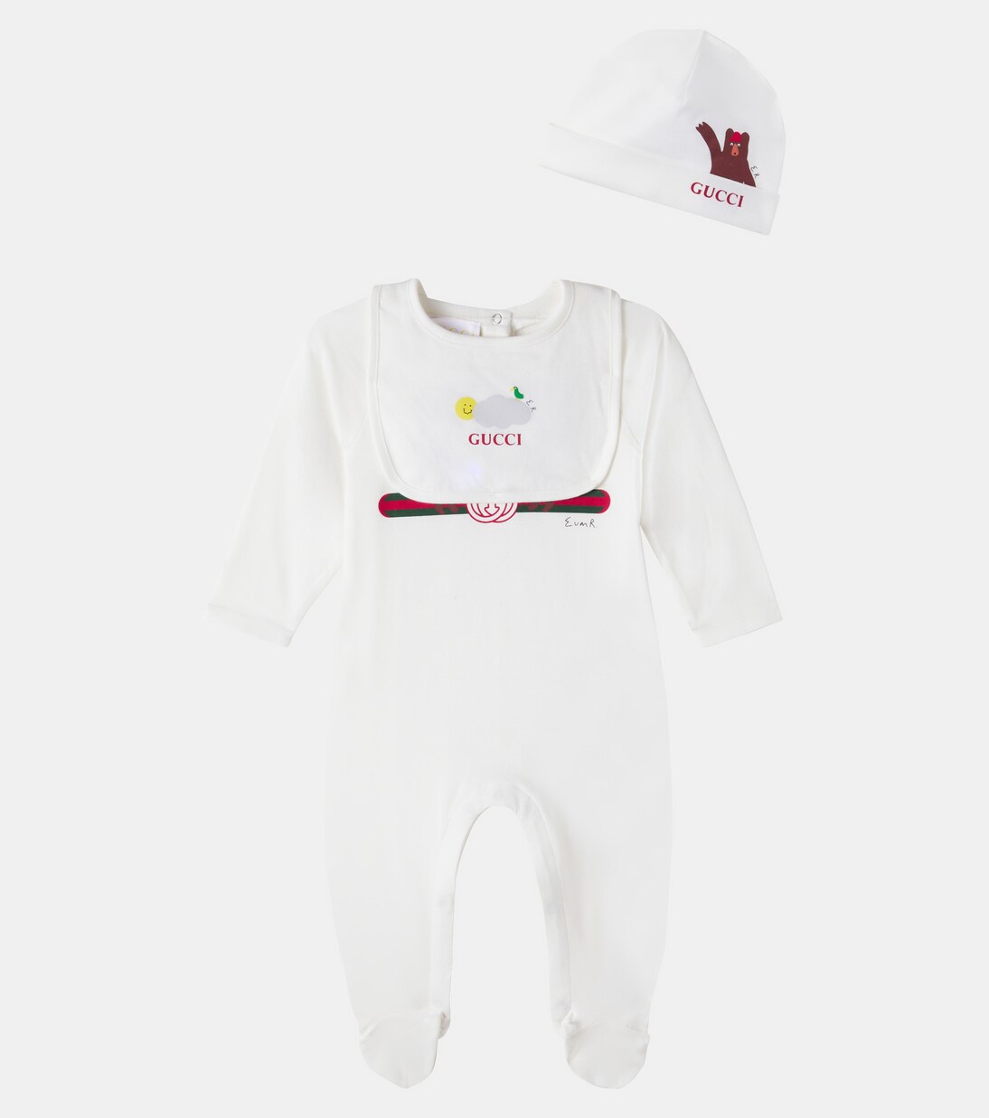 x Euan Roberts Baby cotton beanie, bib, and onesie set | Gucci Kids