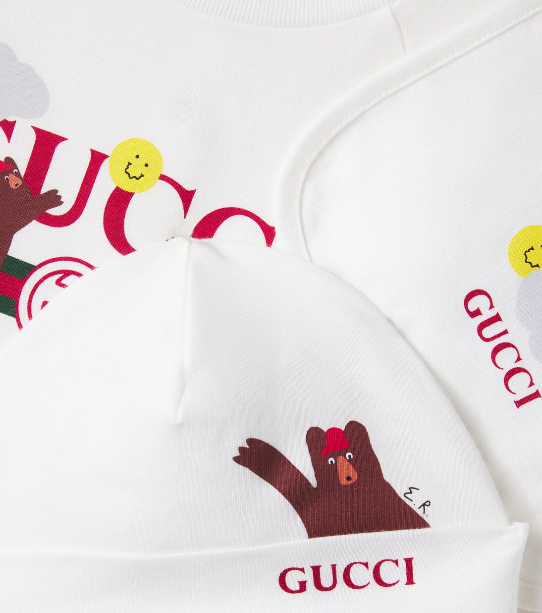 x Euan Roberts Baby cotton beanie, bib, and onesie set | Gucci Kids