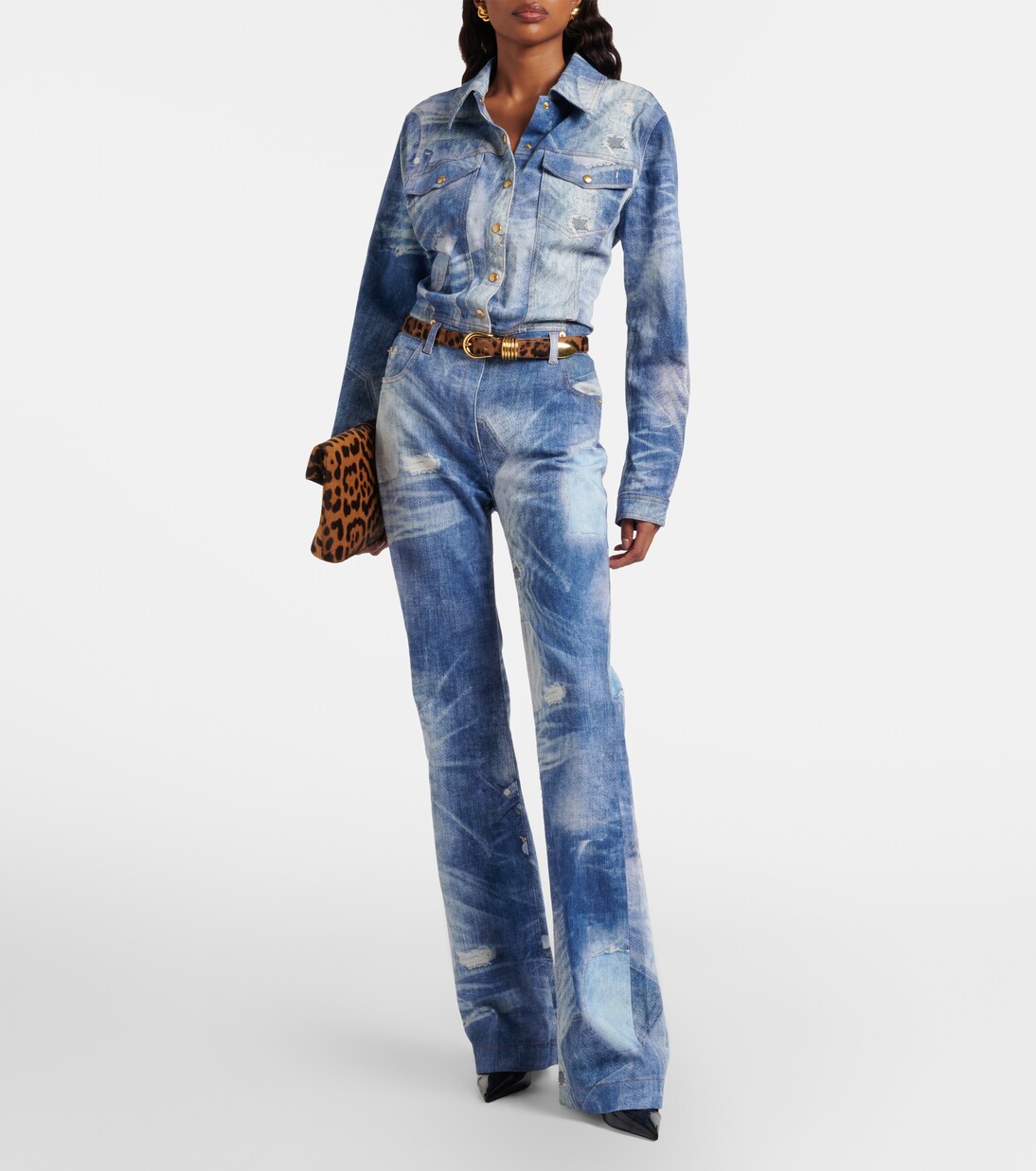 Printed trompe l’œil denim jumpsuit | Roberto Cavalli