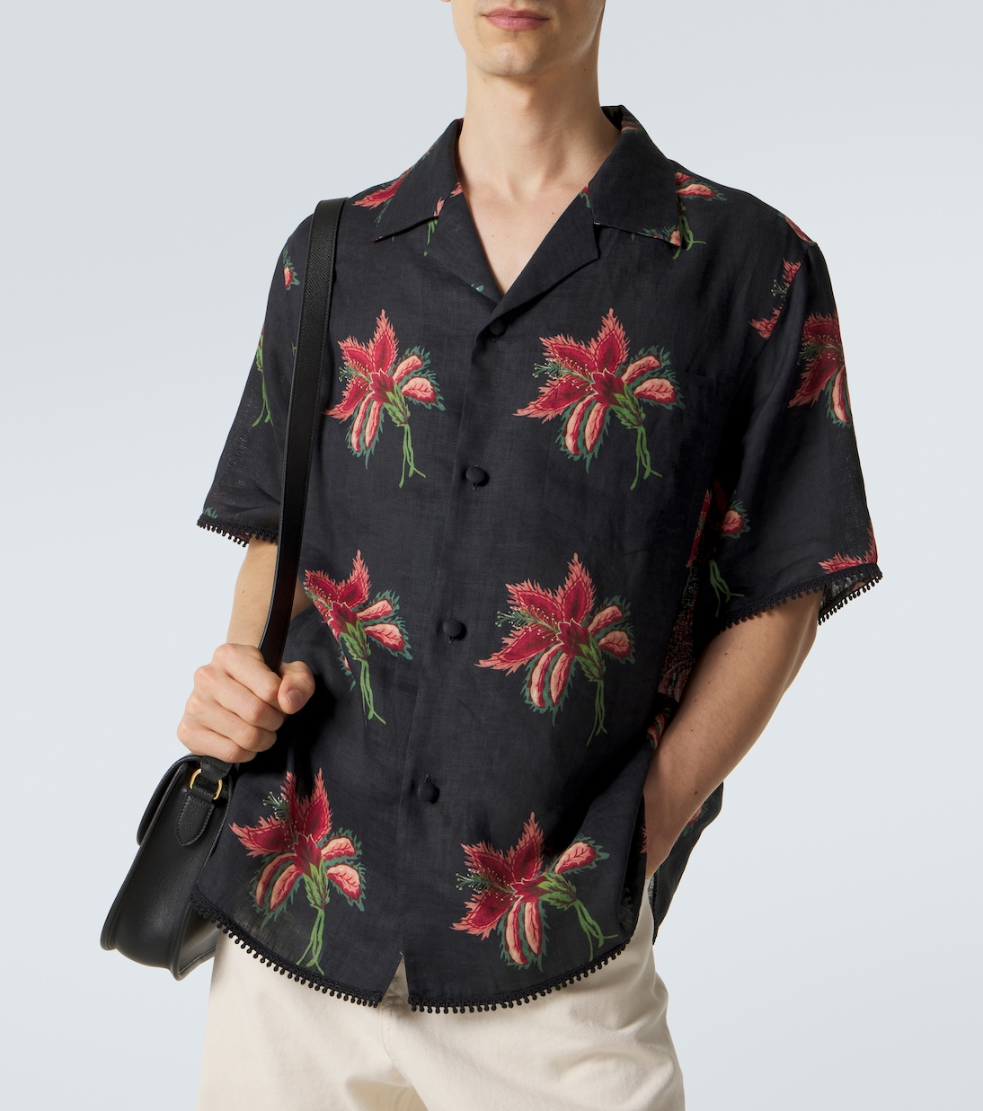 Camisa bowling de lino con encaje floral | Valentino