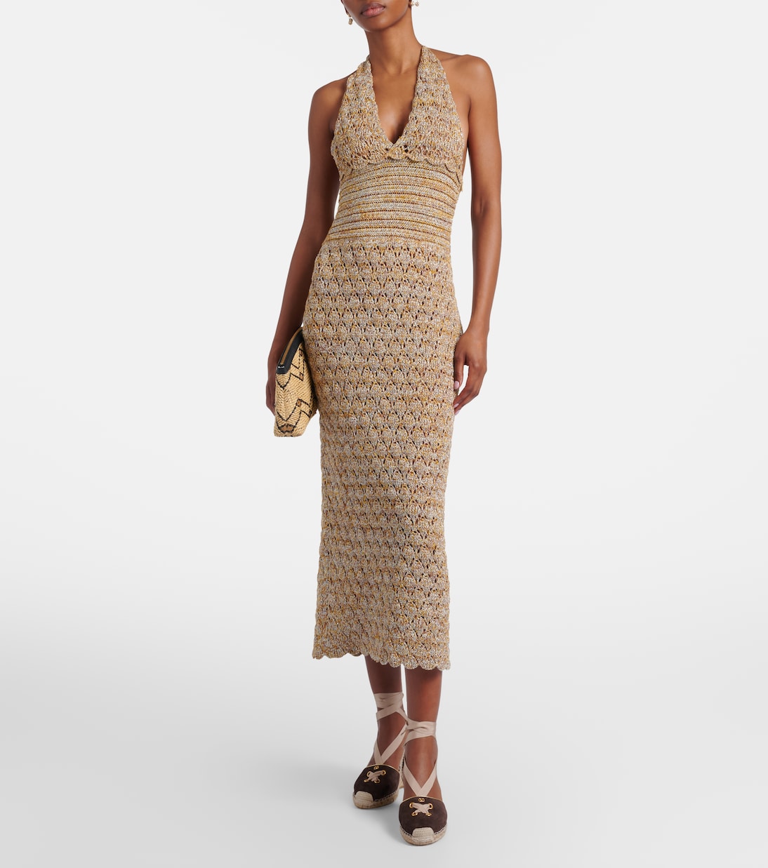 Open-knit linen-blend lamé midi dress | Valentino
