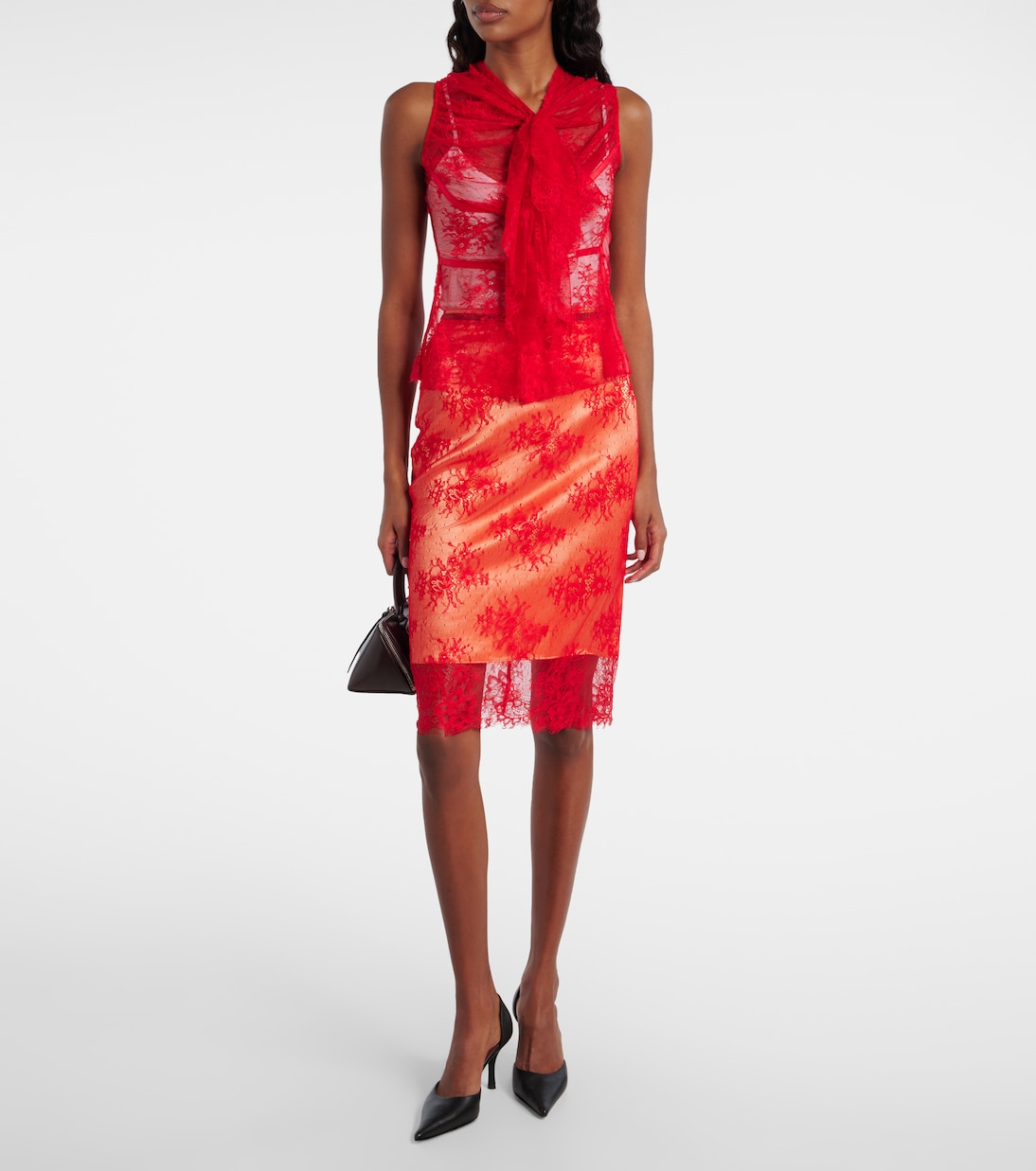 Embroidered leather-trimmed lace midi skirt | Jacques Wei