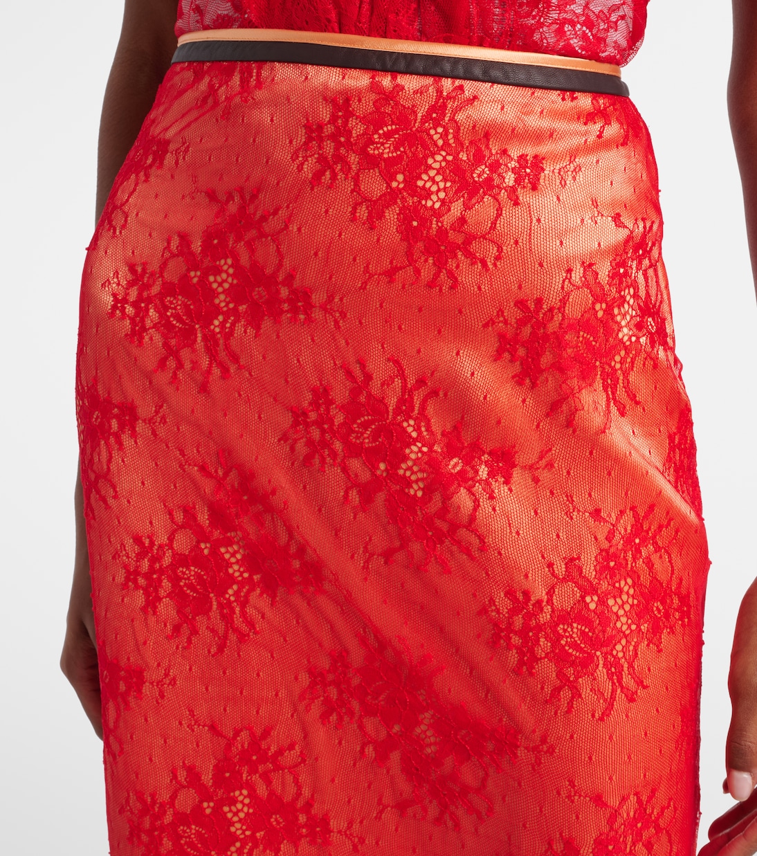 Embroidered leather-trimmed lace midi skirt | Jacques Wei