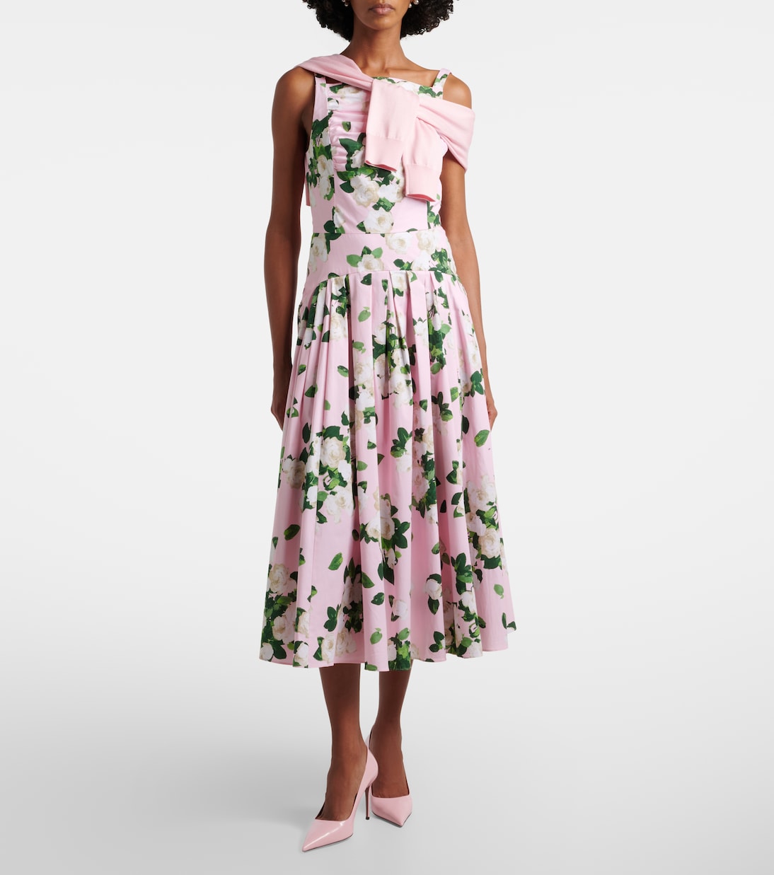 Floral pleated cotton-blend midi dress | Carolina Herrera