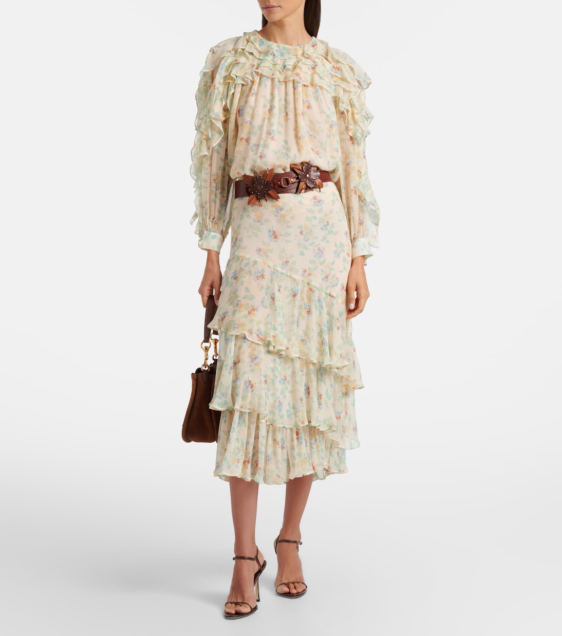 Jupe midi Meadow en soie florale à volants superposés | Ulla Johnson