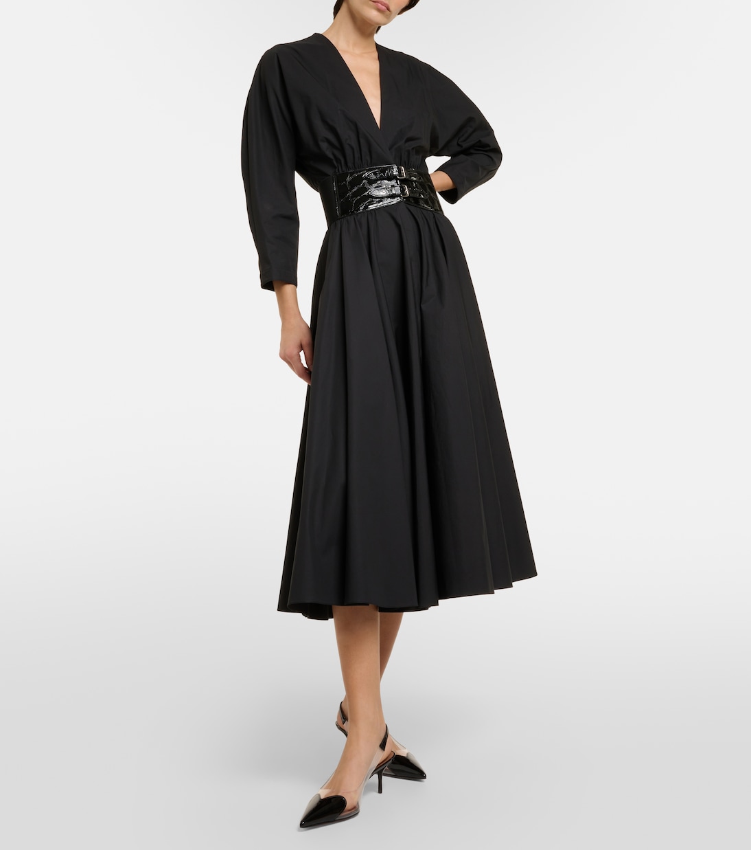 皮革边饰棉质中长连衣裙 | Alaïa