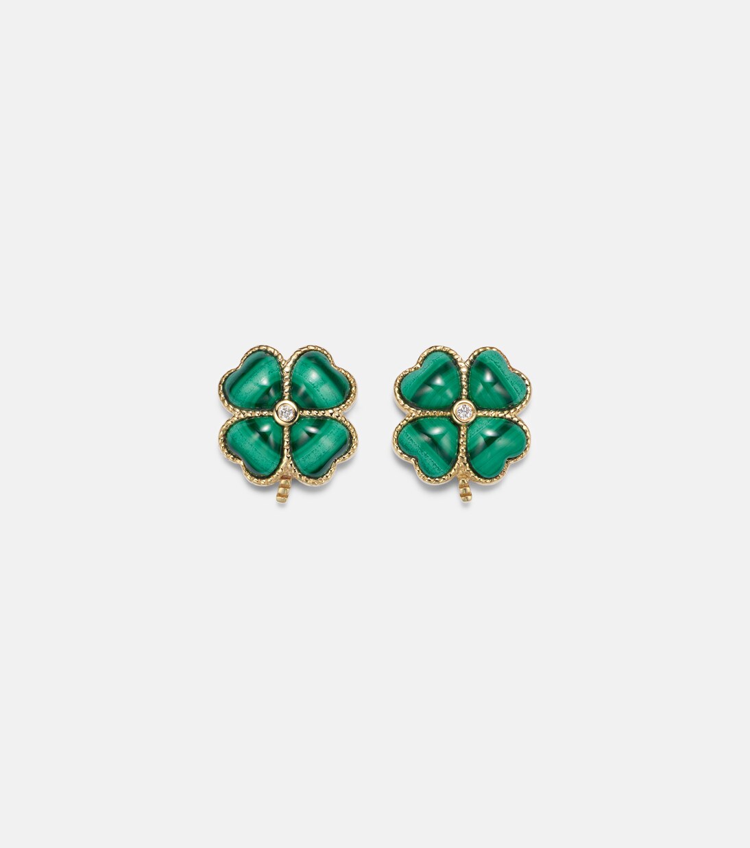 Puces Dôme Trèfle 9kt gold earrings with malachite and diamonds | Yvonne Léon