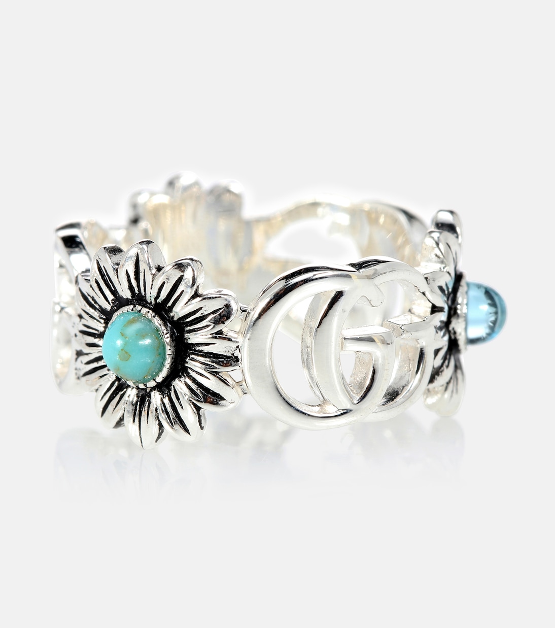 Double G flower sterling silver ring with topaz and mother of pearl | Gucci