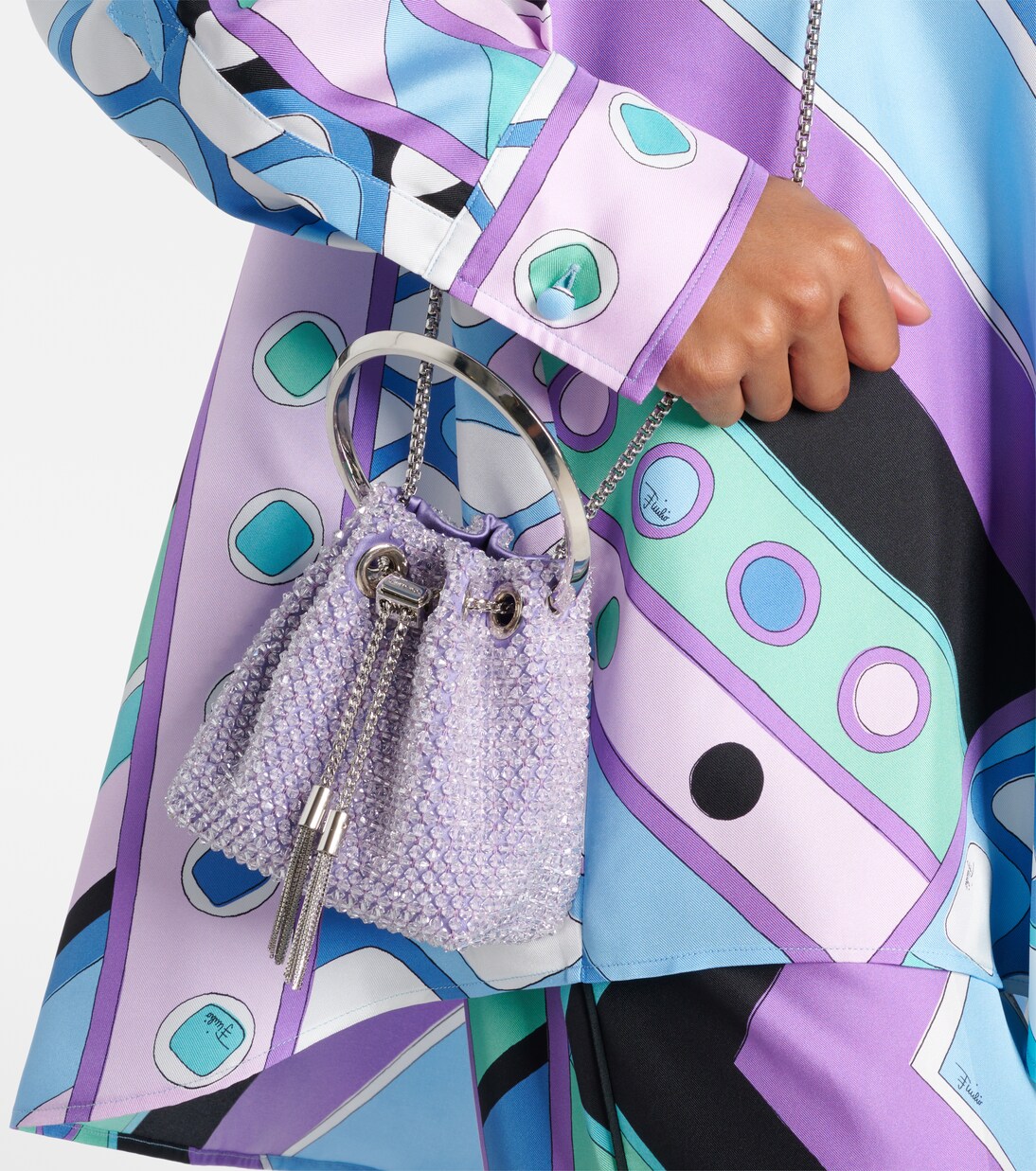 Verzierte Bucket-Bag Bon Bon Micro aus Satin | Jimmy Choo