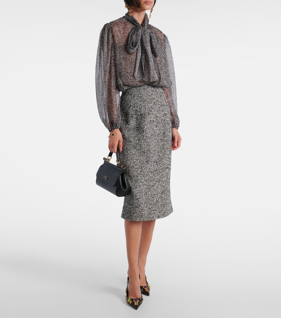 Tie-neck herringbone silk chiffon blouse | Dolce&Gabbana