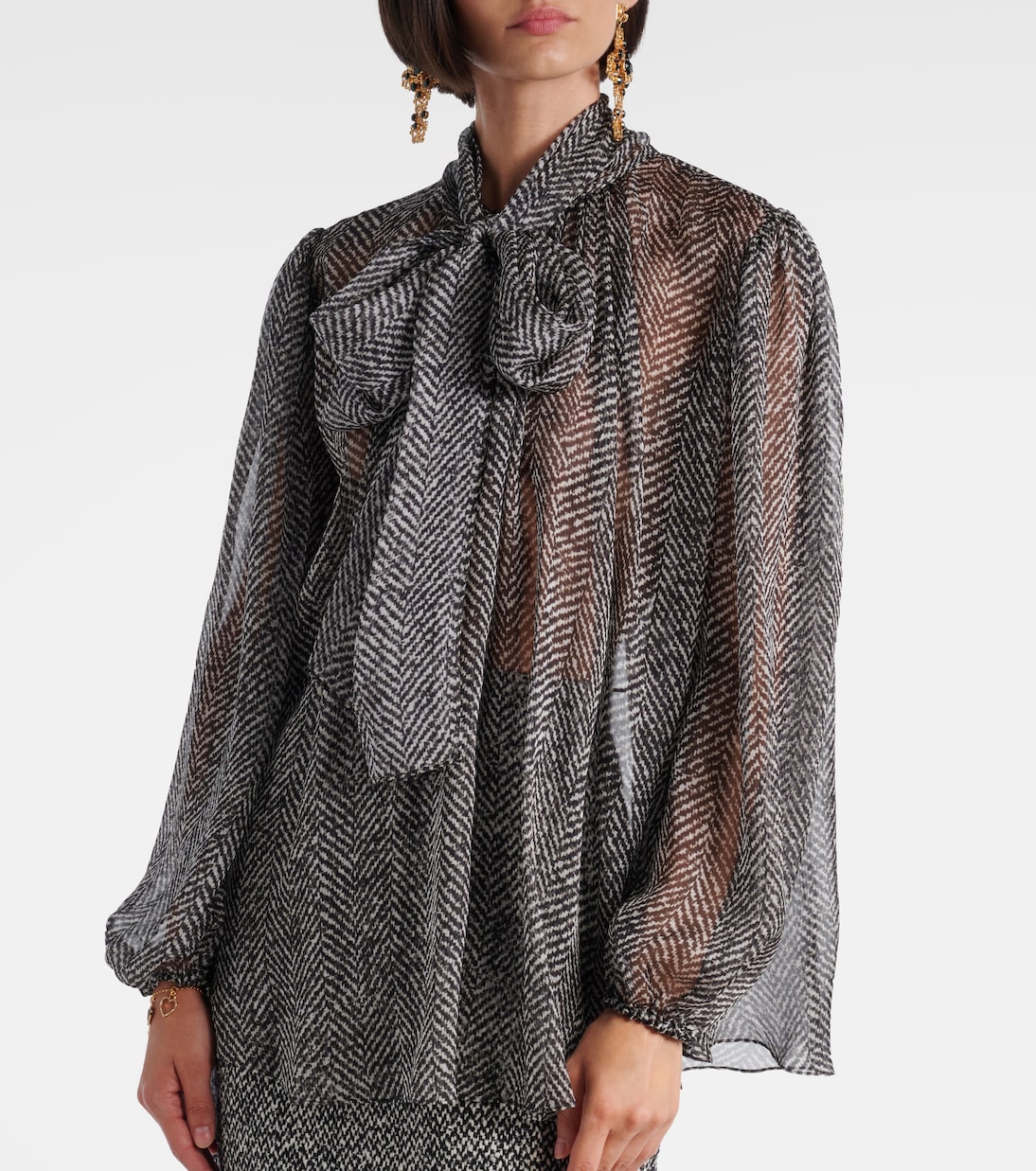 Tie-neck herringbone silk chiffon blouse | Dolce&Gabbana
