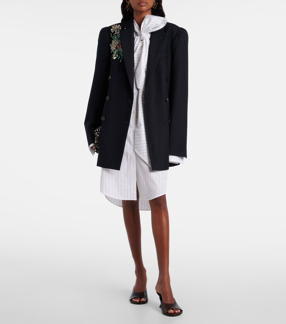 条纹颈部系带棉质迷你连衣裙 | Dries Van Noten