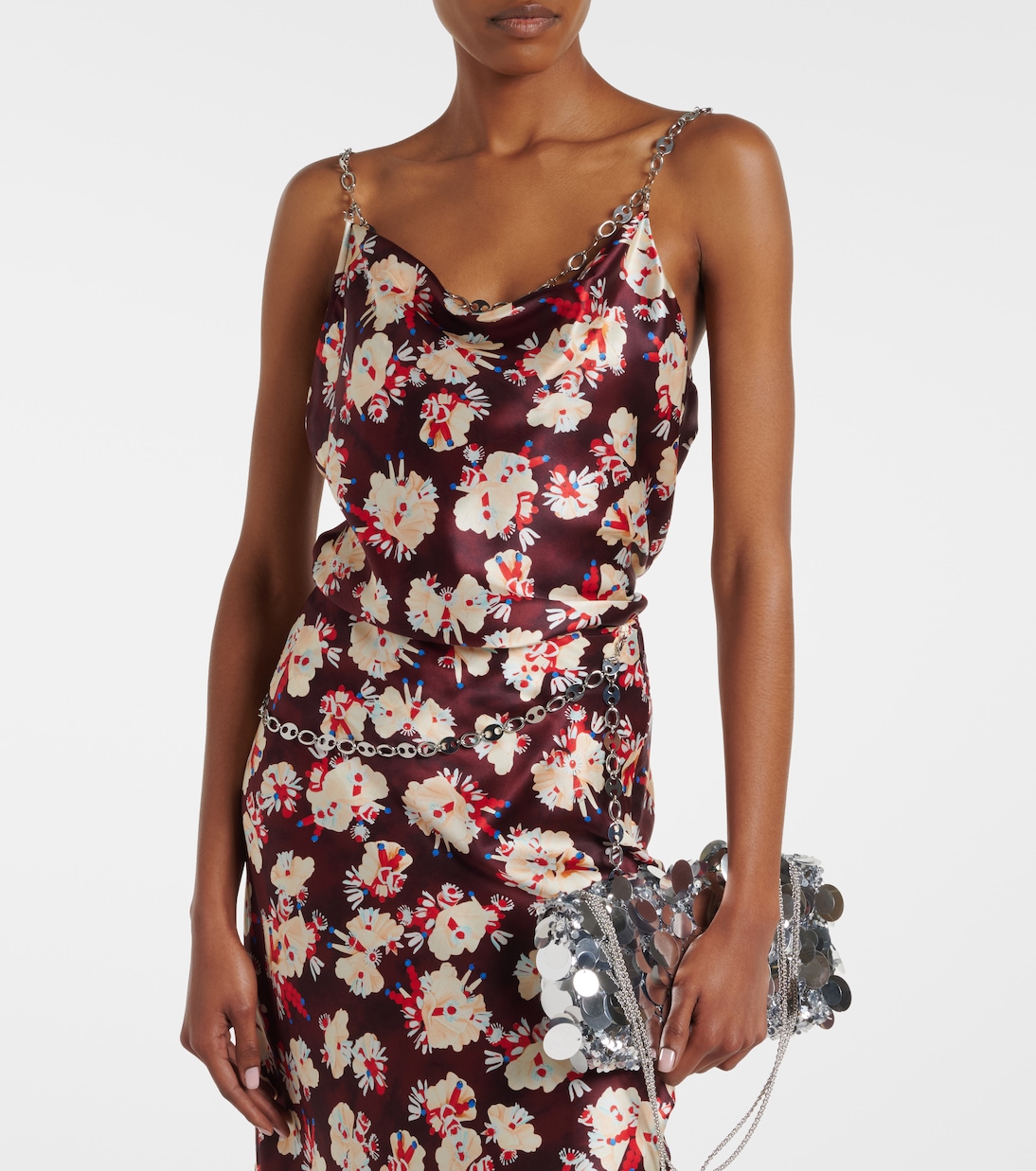 Chain-detail floral silk satin top | Rabanne