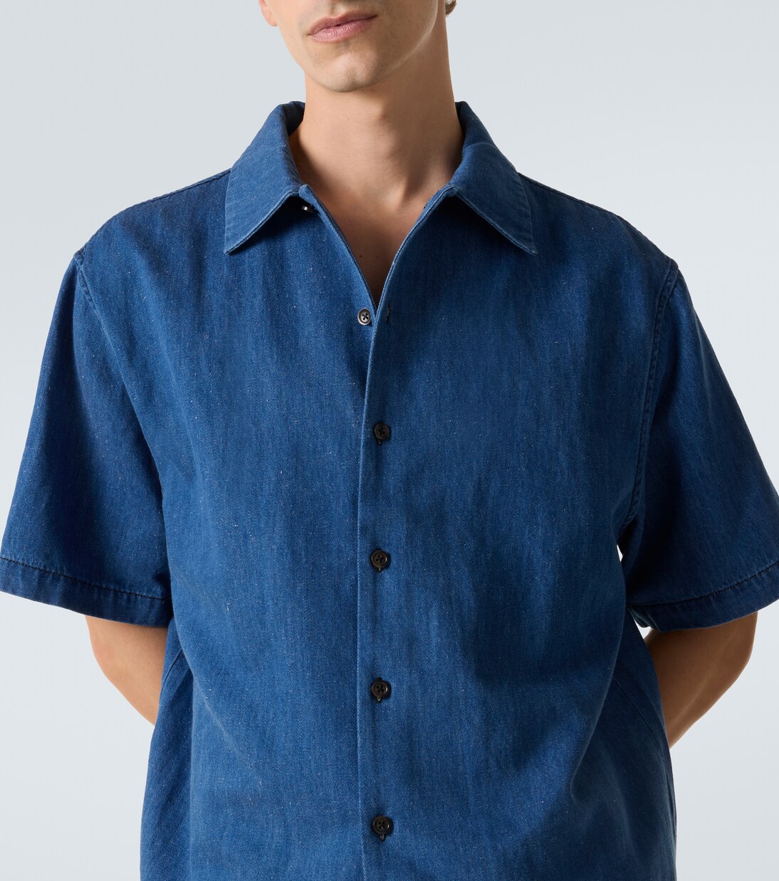 Embroidered oversized cotton-blend denim bowling shirt | Commas